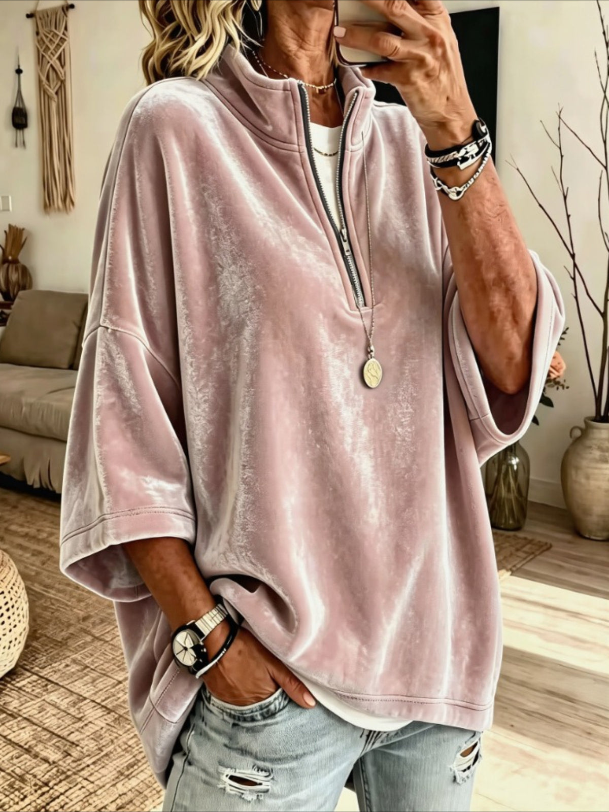 Half-Zip Velvet Top with Three-Quarter Batwing Sleeves