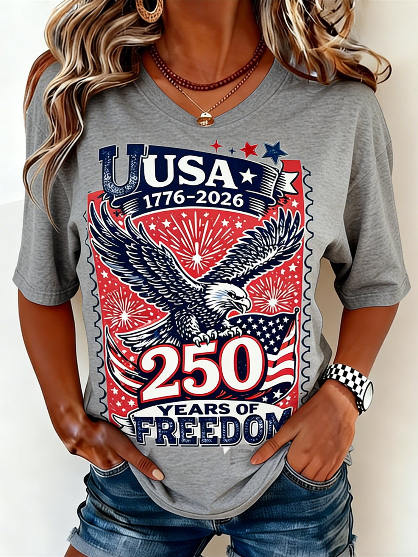 Casual Vintage America 250 Years Printing Crew Neck Short Sleeve T-shirt