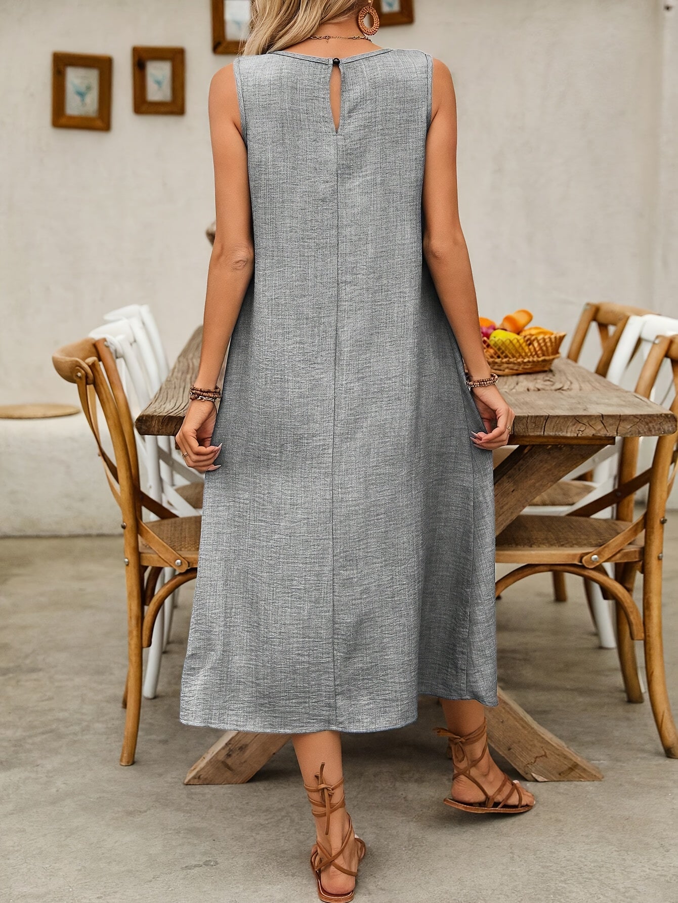 Elegant Round Neck Solid Color Beige Sleeveless Midi Dress