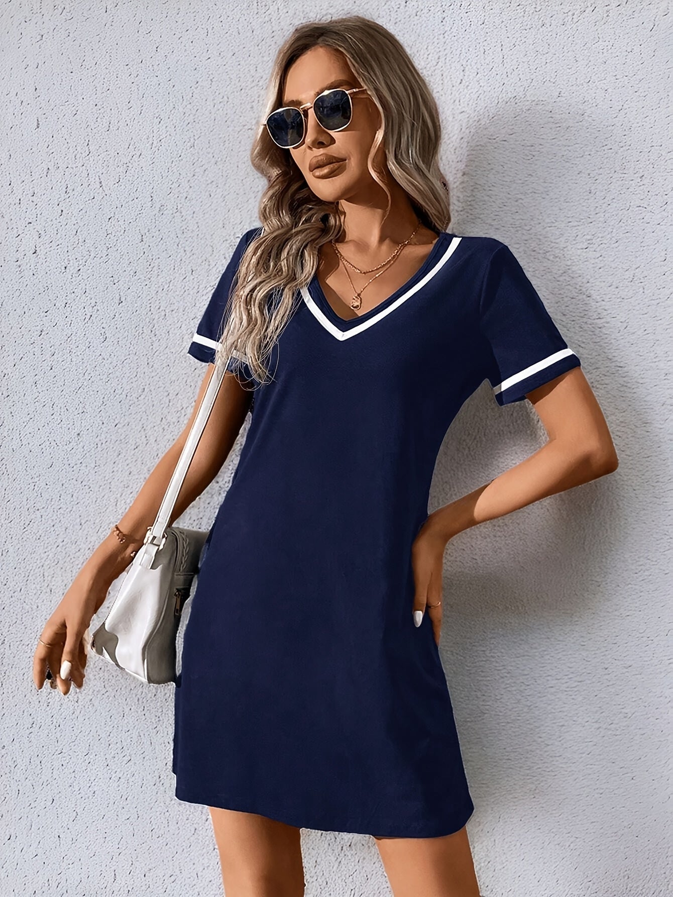 Women's Color Block Knit Dress - V-Neck, Braided Detail