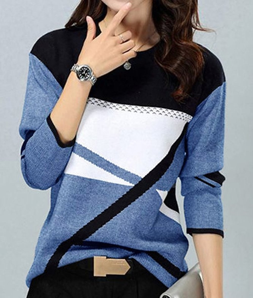 Women's Color Block Print Long Sleeve Casual Weekend Basic Round Neck T-Shirt