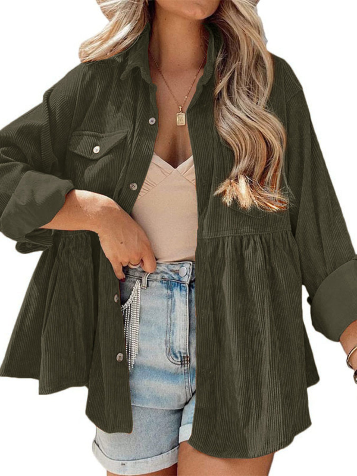 Corduroy Lapel Pocket Jacket, Casual Long Sleeve Button Down Fashion Single Breasted Loose Outerwear
