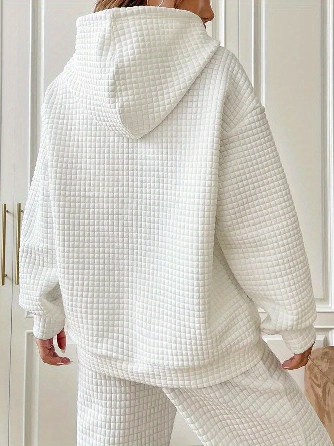 Waffle Grid Kangaroo Pocket Hoodie, Casual Long Sleeve Drawstring Hoodies Sweatshirt