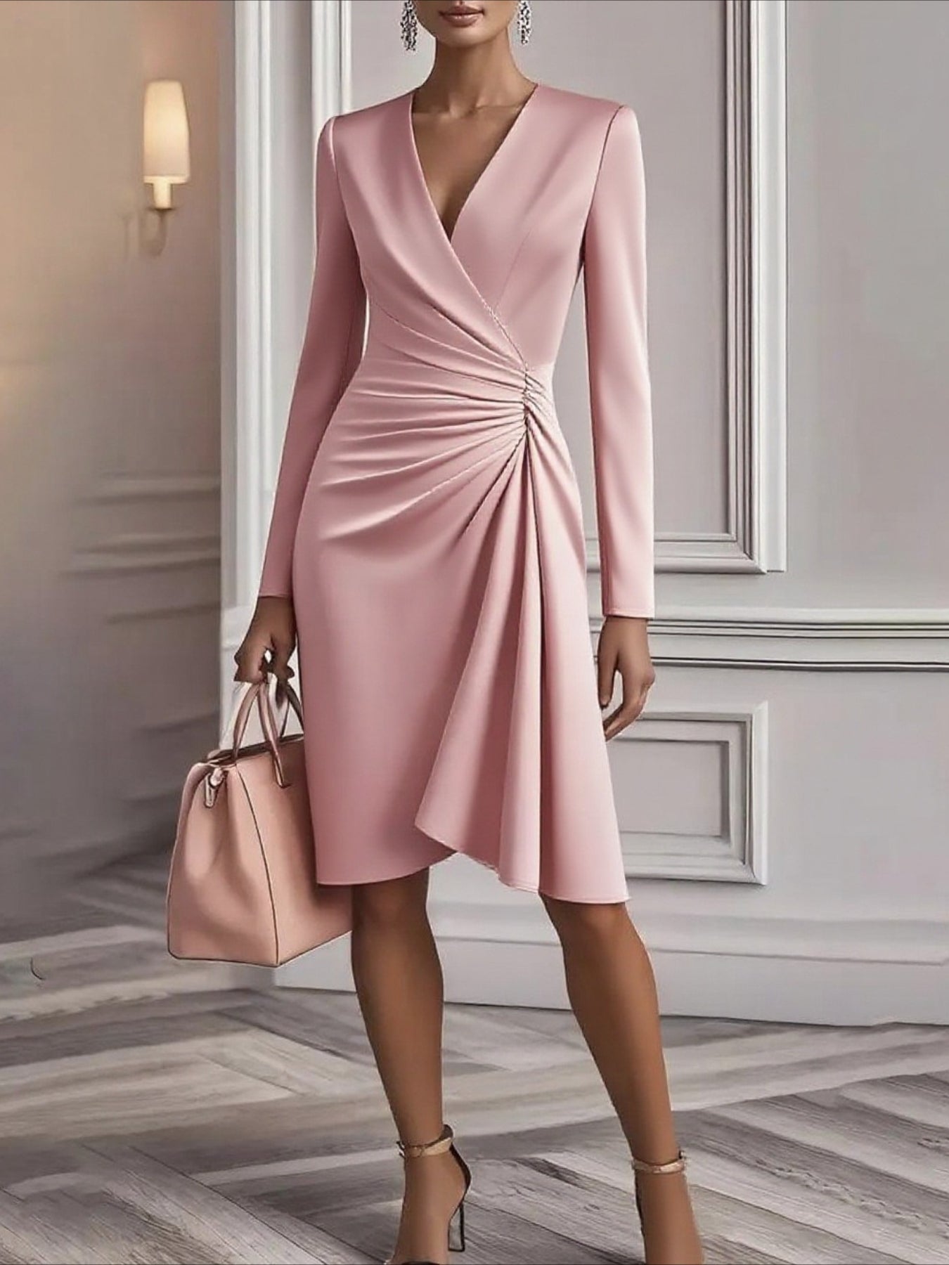 Plain Spring/Fall Dress V Neck Long Sleeve Fit & Flare Dress A-Line Dress