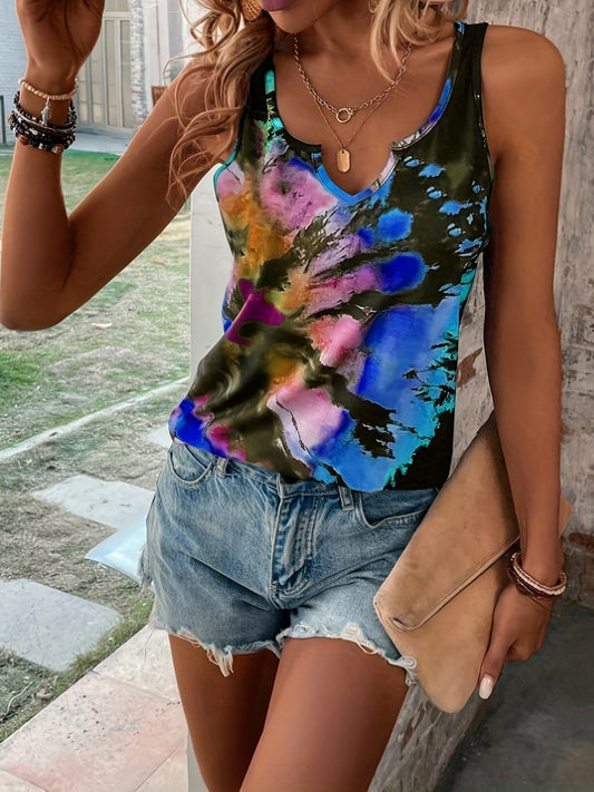 Tie Dye Notched Neck Tank Top, Casual Sleeveless Tank Top