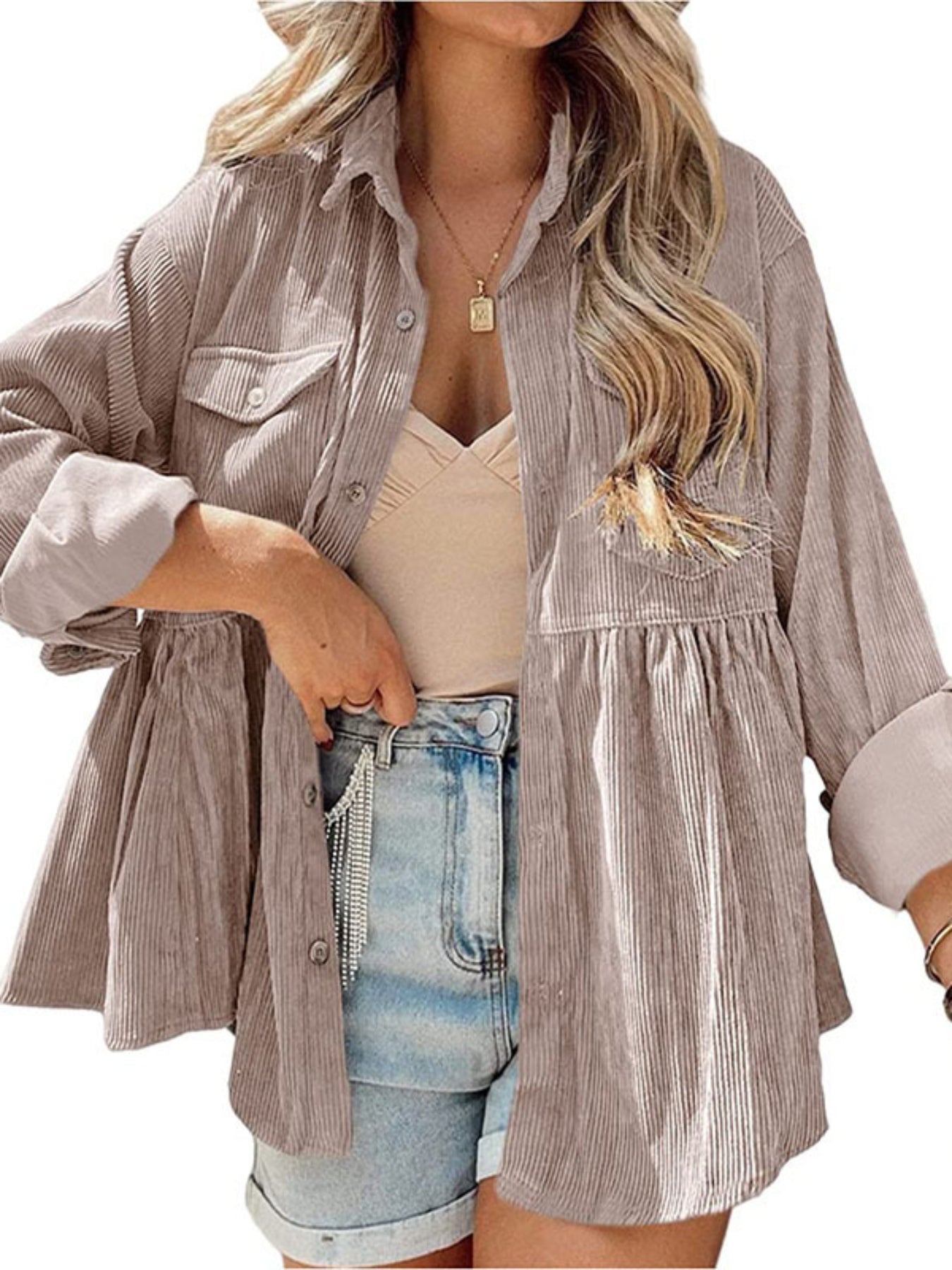 Corduroy Lapel Pocket Jacket, Casual Long Sleeve Button Down Fashion Single Breasted Loose Outerwear