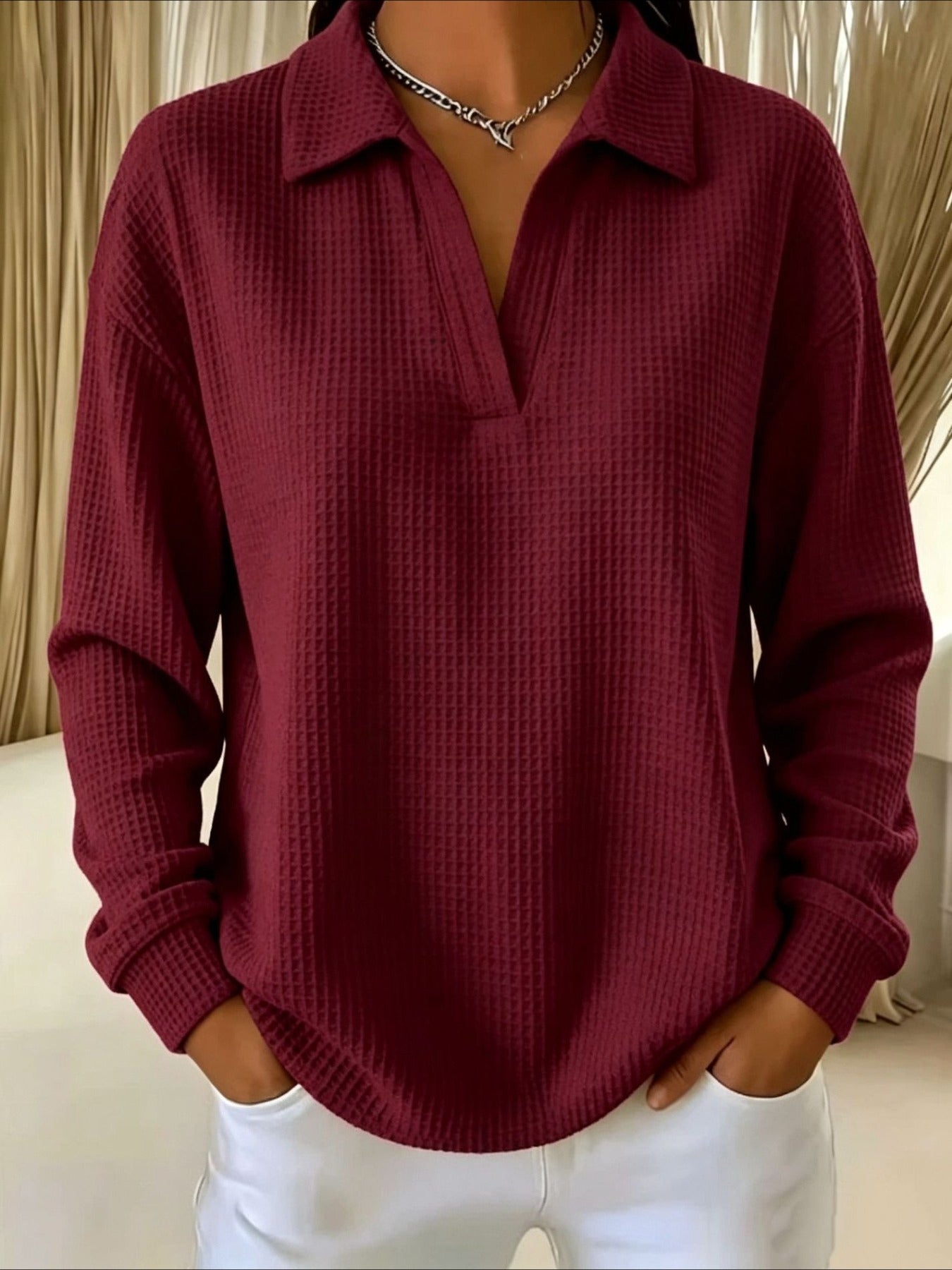 Waffle Lapel Neck Long Sleeve Polo Top