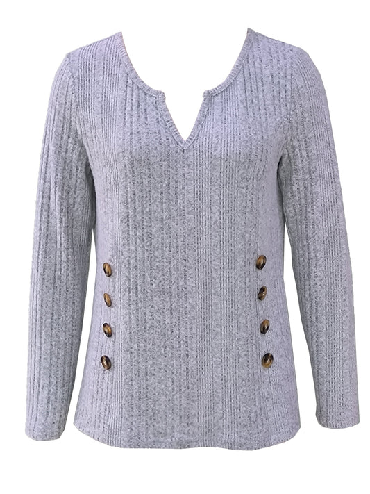 Ribbed Button Decor Notch Neck T-Shirt, Casual Long Sleeve Top