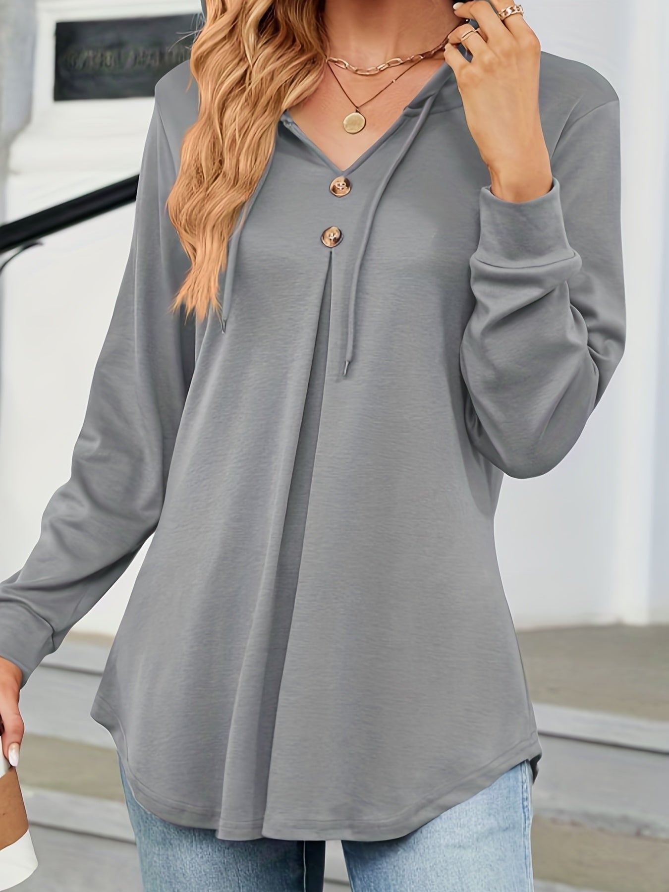 Solid Color Drawstring Button Hoodie, Casual Long Sleeve Hoodie Sweatshirt