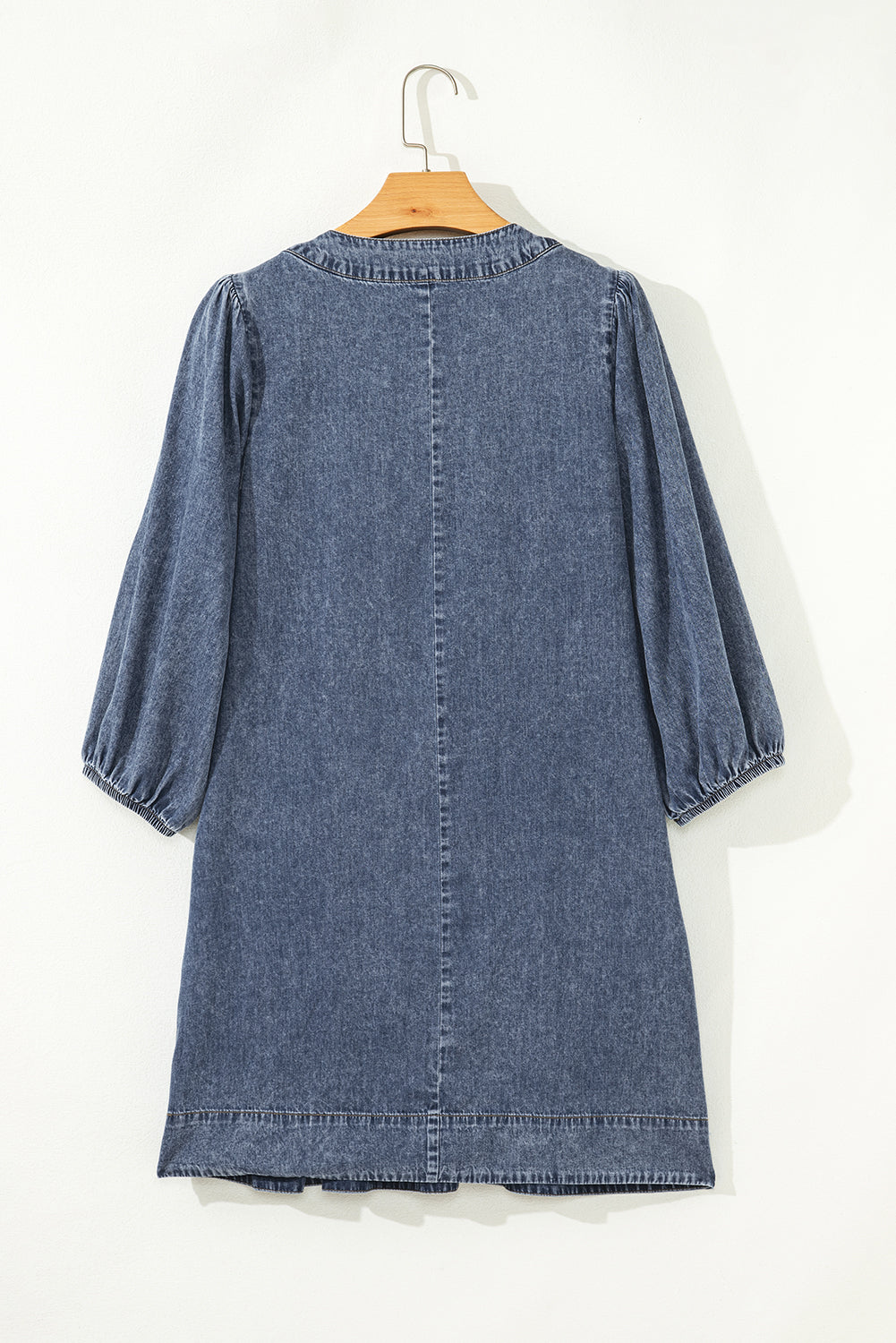 Sail Blue 3/4 Sleeve Tied V Neck Pleated Denim Mini Dress