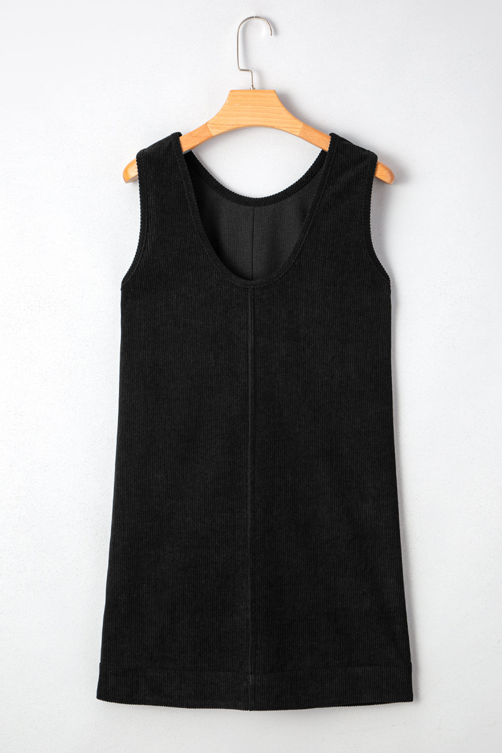 Black Corduroy Sleeveless Mini Dress With Patched Pockets