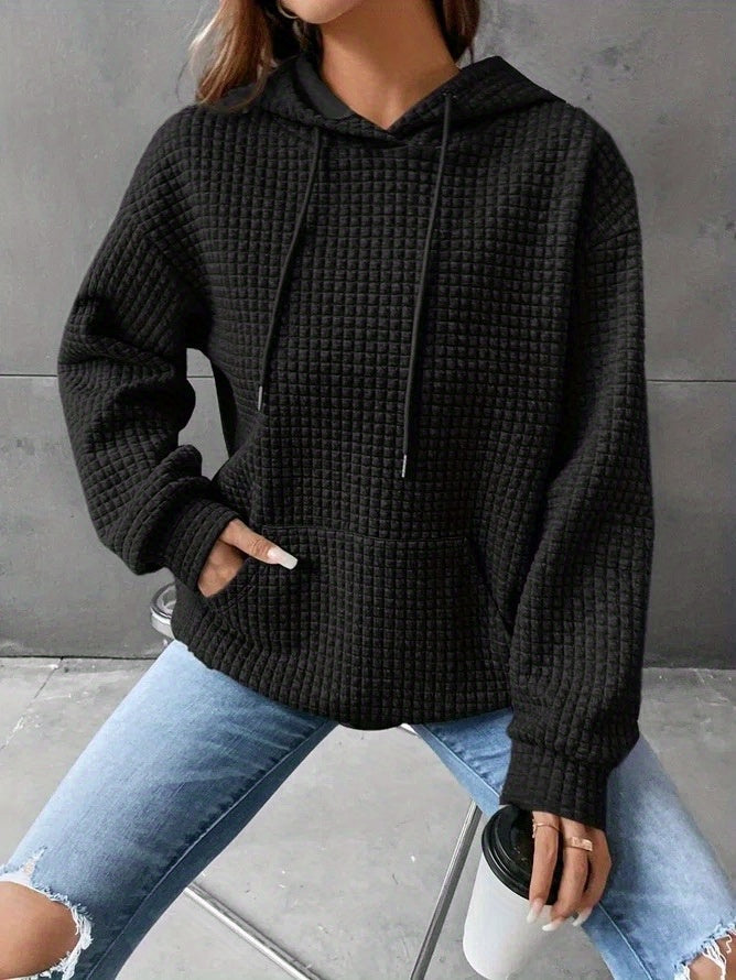 Waffle Grid Kangaroo Pocket Hoodie, Casual Long Sleeve Drawstring Hoodies Sweatshirt