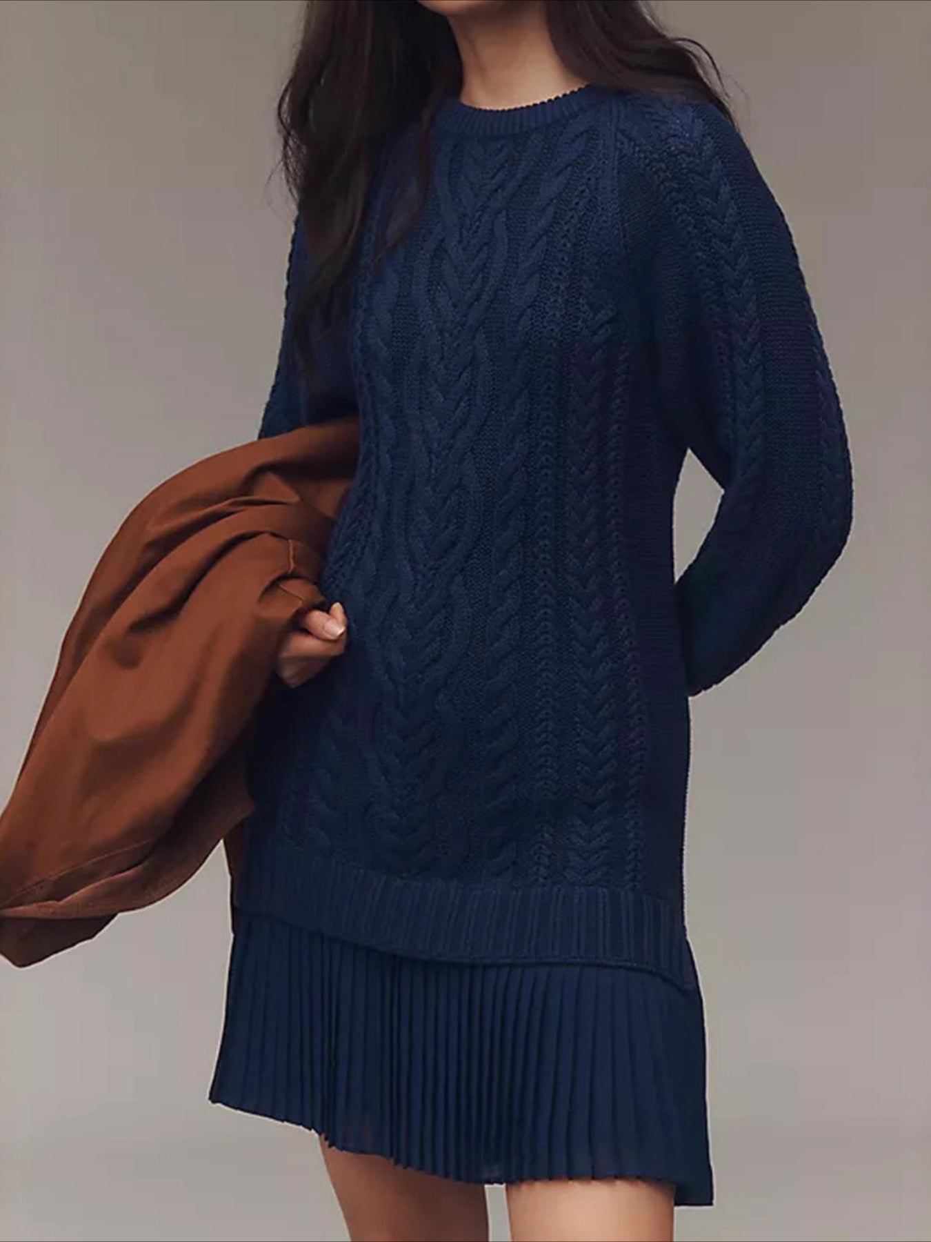 Solid Color Long Sleeve Round Neck 2 Pices Sweater Mini Dress