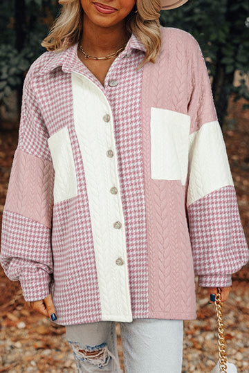 Pink Houndstooth Color Contrast Textured Patchwork Loose Shacket