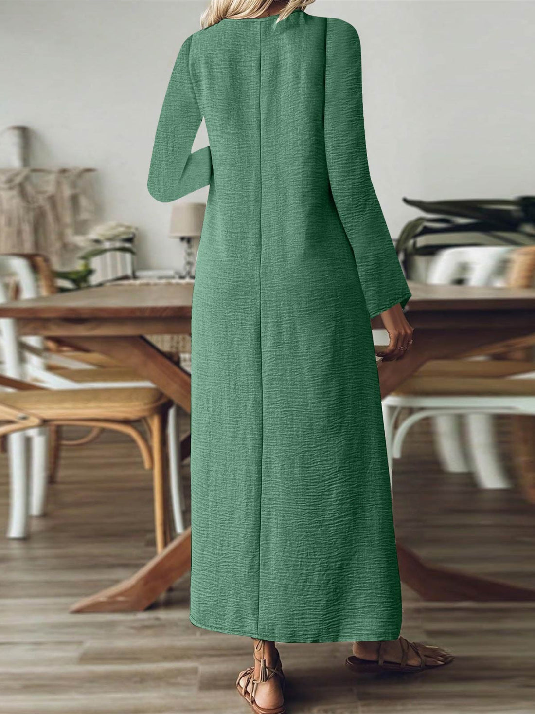 Back Zipper Solid Color Long Sleeve Cotton and Linen Dress
