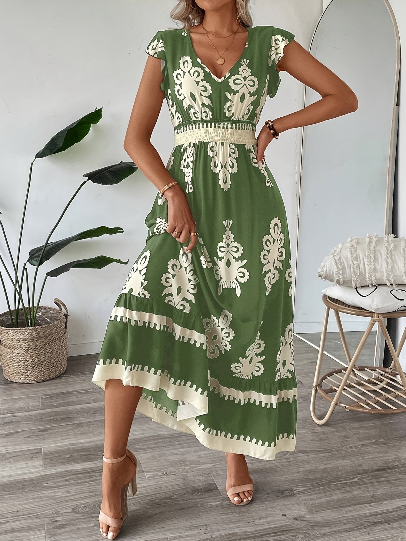 Women's Navy Blue Floral Print V-Neck A-Line Dress with Ruffled Cap Sleeves