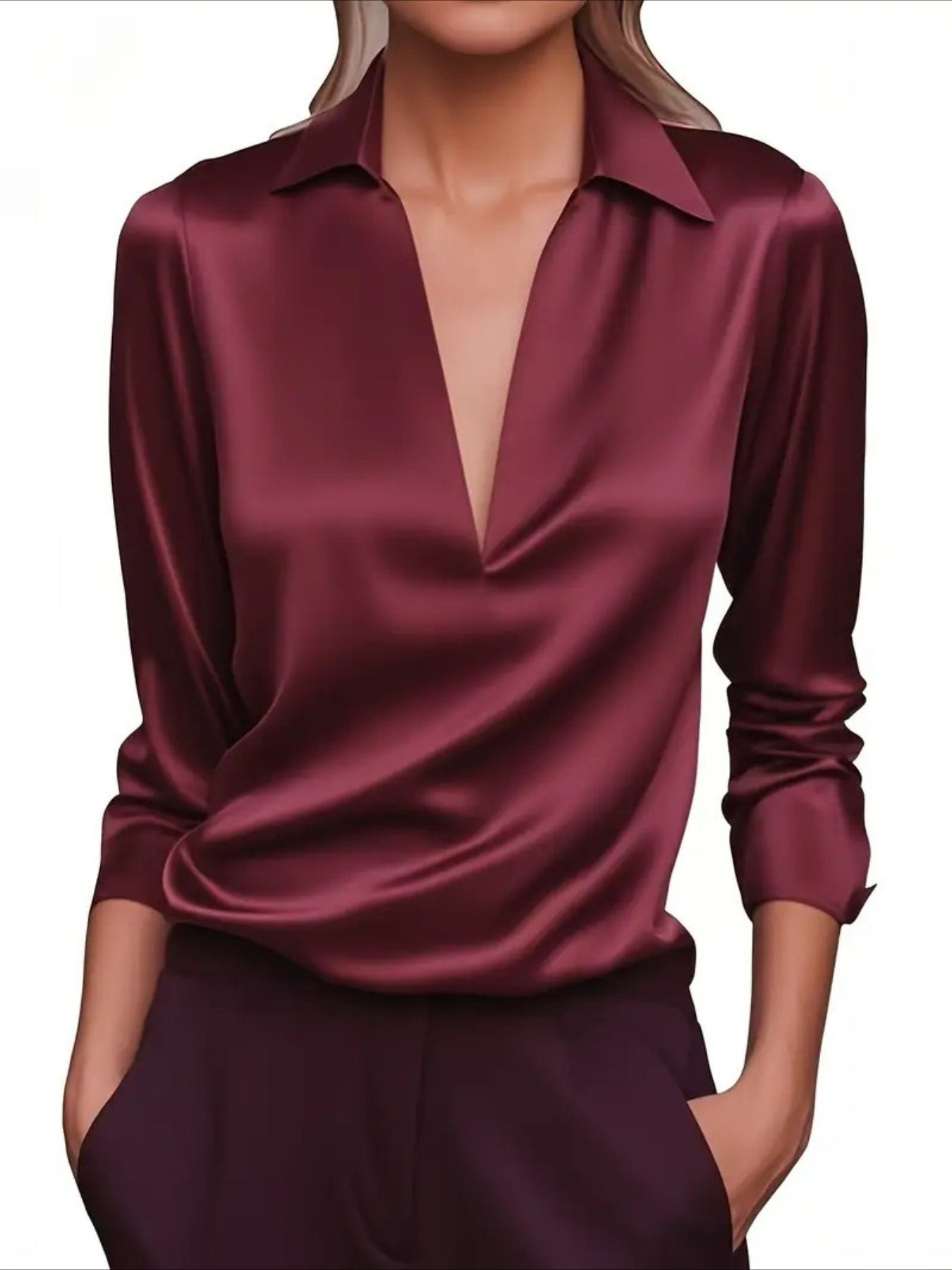 Women's Elegant Minimalist Long Sleeve V-Neck Blouse
