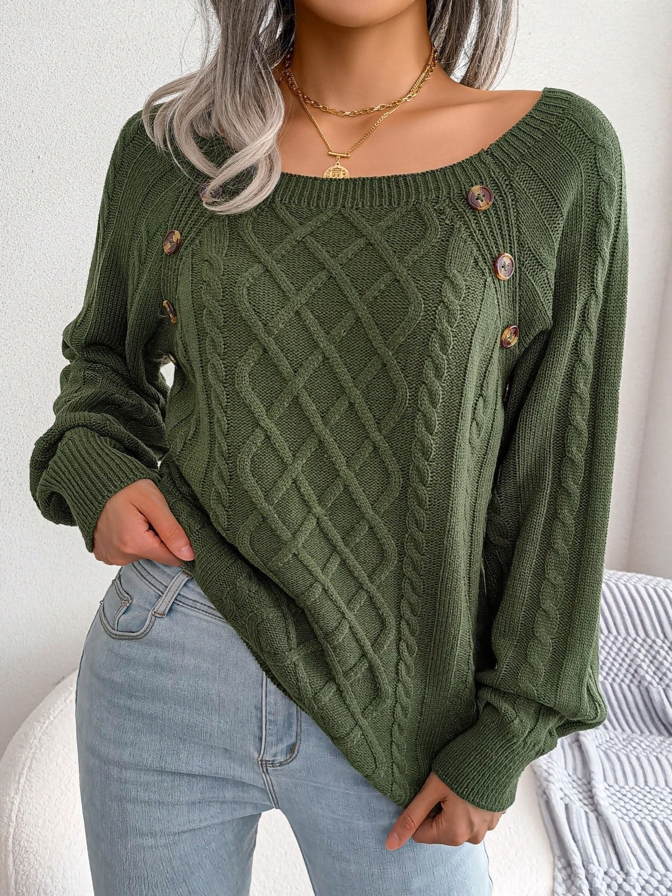 Cozy Women's Sweater with Textured Button Lantern Sleeves