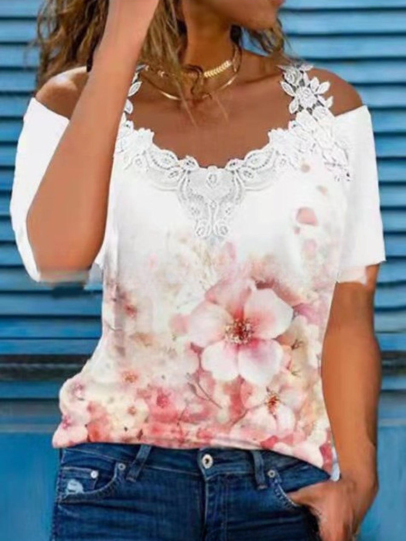 Solid Stitching Floral Print Short Sleeve Top, Casual Everyday T-Shirt