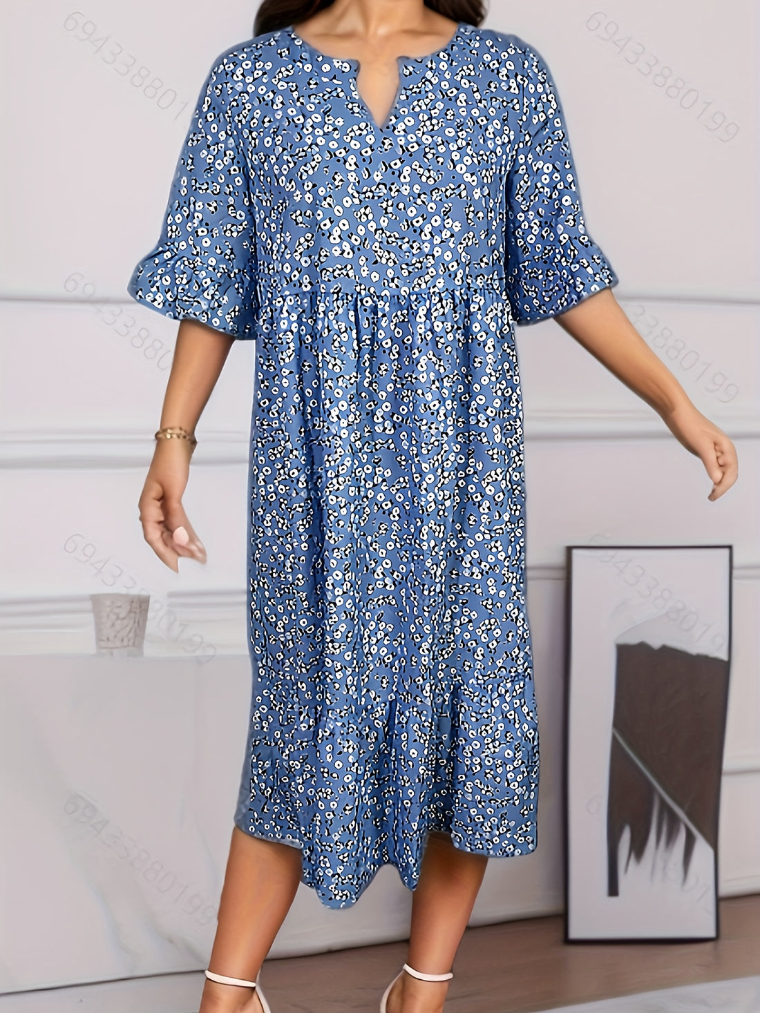 Floral Print Notch Neck Dress, Vintage Short Sleeve Dress