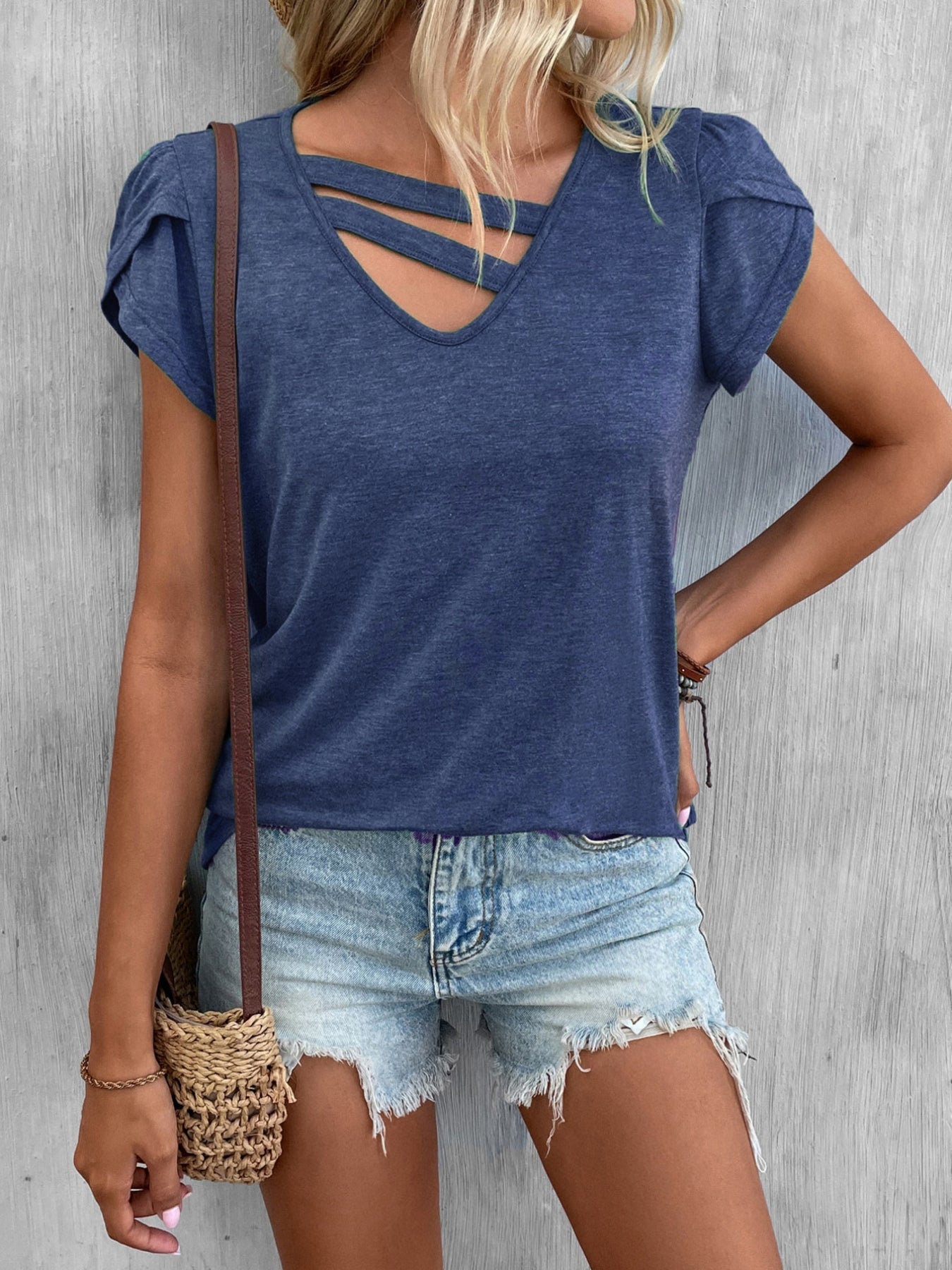 Petal Sleeve Loose T-Shirt, Short Sleeve Casual Top