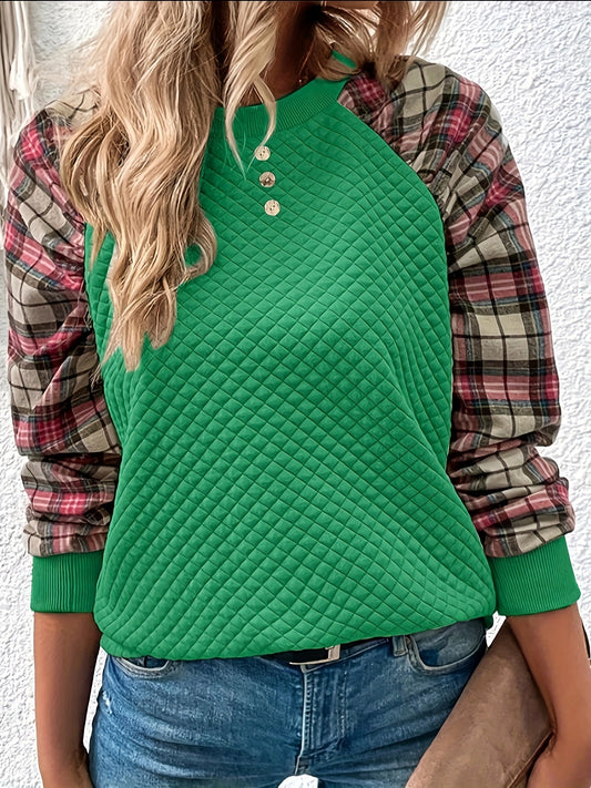 Plaid Print Button Front Crew Neck T-Shirt, Casual Long Sleeve Top