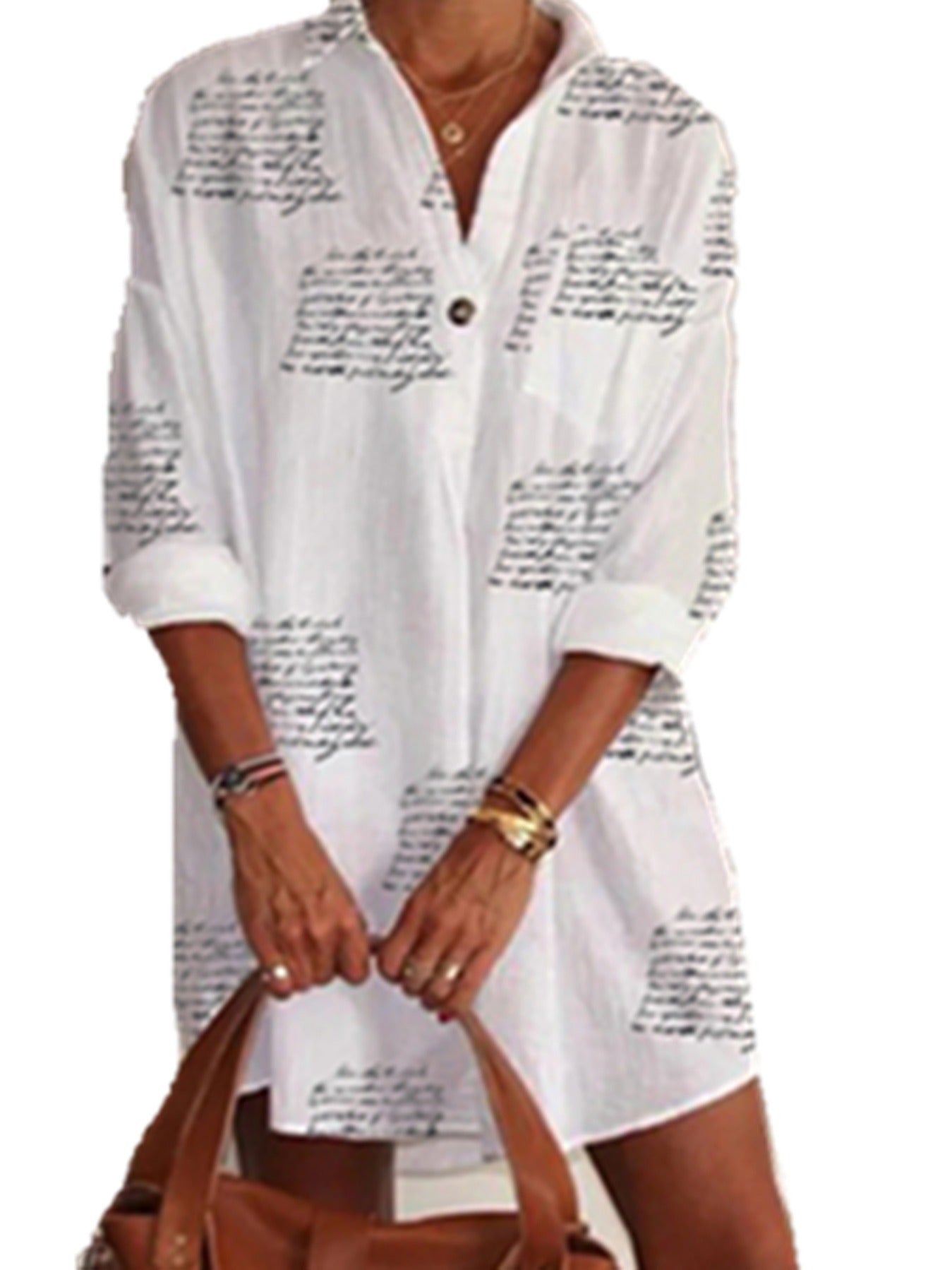Women's Blouses Bohemian Knee Length Linen Blouses Loose Neck Button Pocket Casual V Neck Blouses