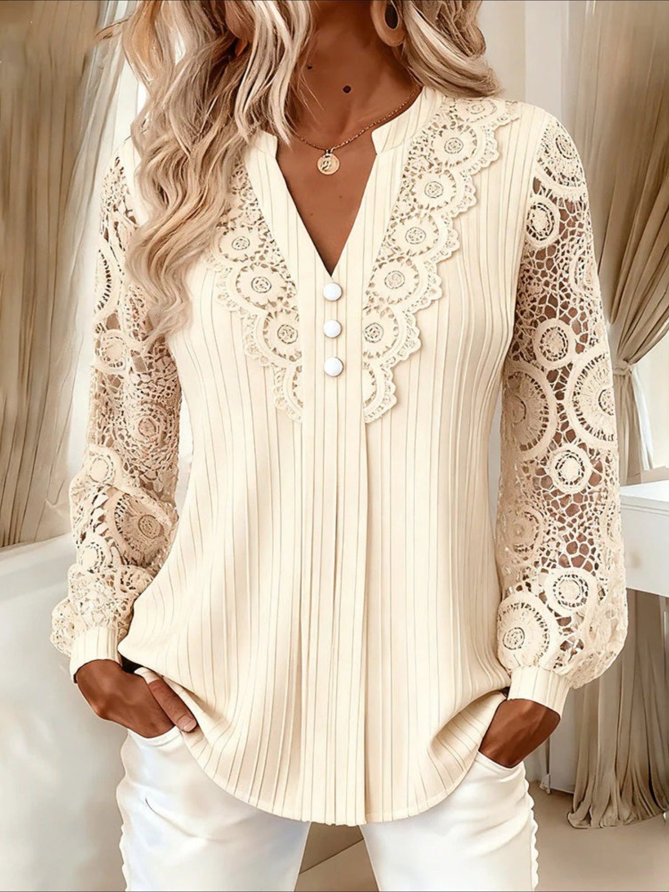Solid Color V Neck Lace Long Sleeve Shirt