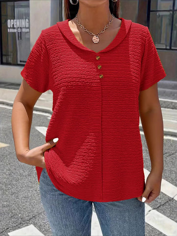 Elegant Solid Color Button- Doll Collar Short Sleeve T-Shirt