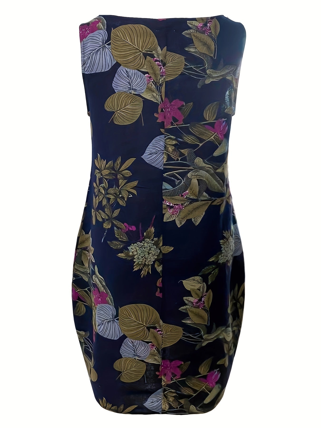 Floral Print Tank Dress, Vintage Crew Neck Sleeveless Dress