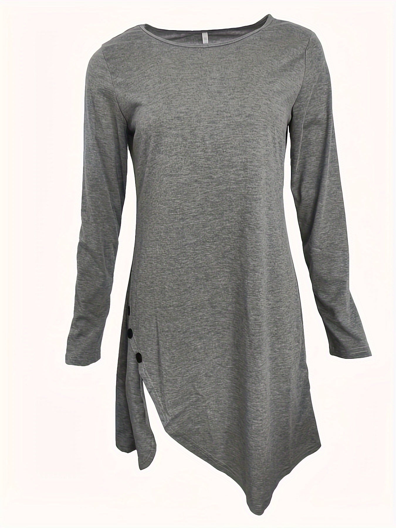 Solid Color Crew Neck, Casual Long Sleeve Asymmetric Hem Dress