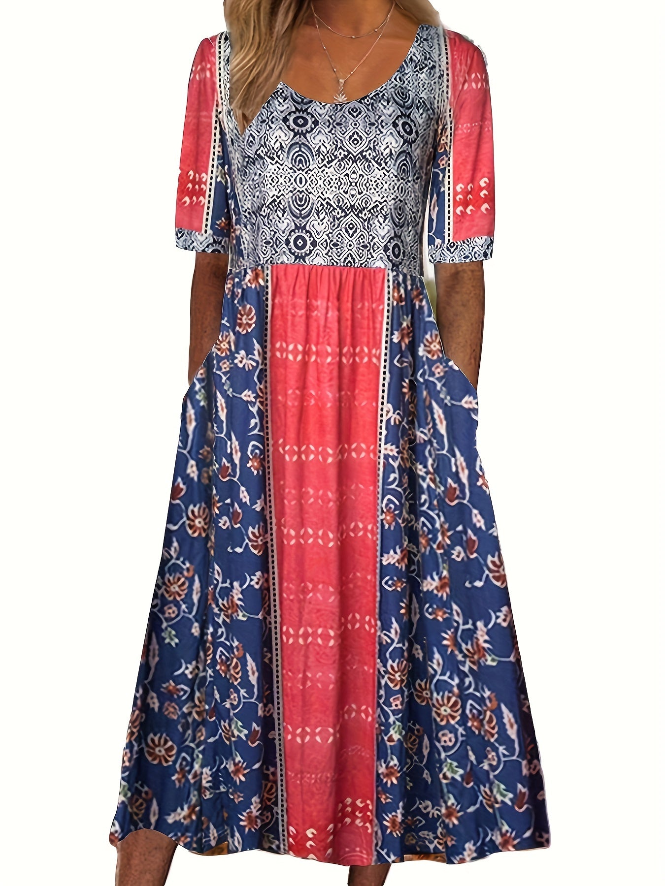 Floral Print Crew Neck Dress, Casual Short Sleeve Dress