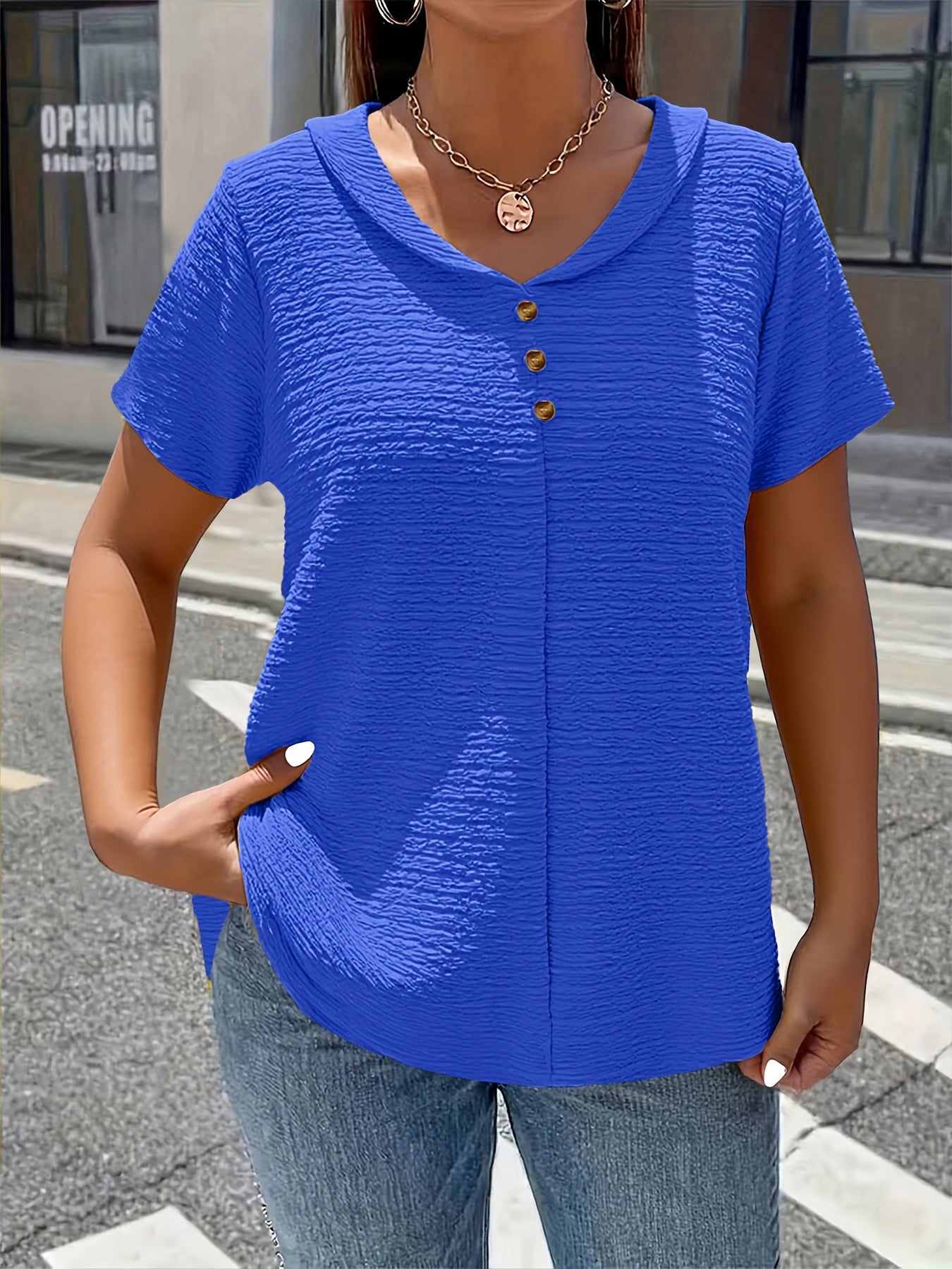 Elegant Solid Color Button- Doll Collar Short Sleeve T-Shirt