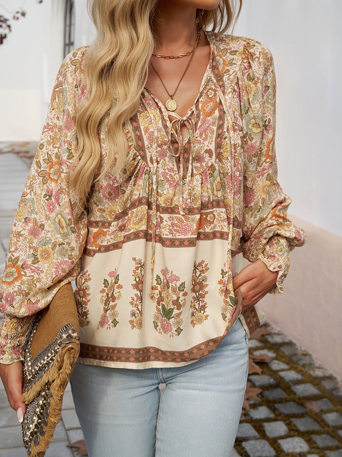 Drawstring Long Sleeve Casual Floral Print V Neck Blouse