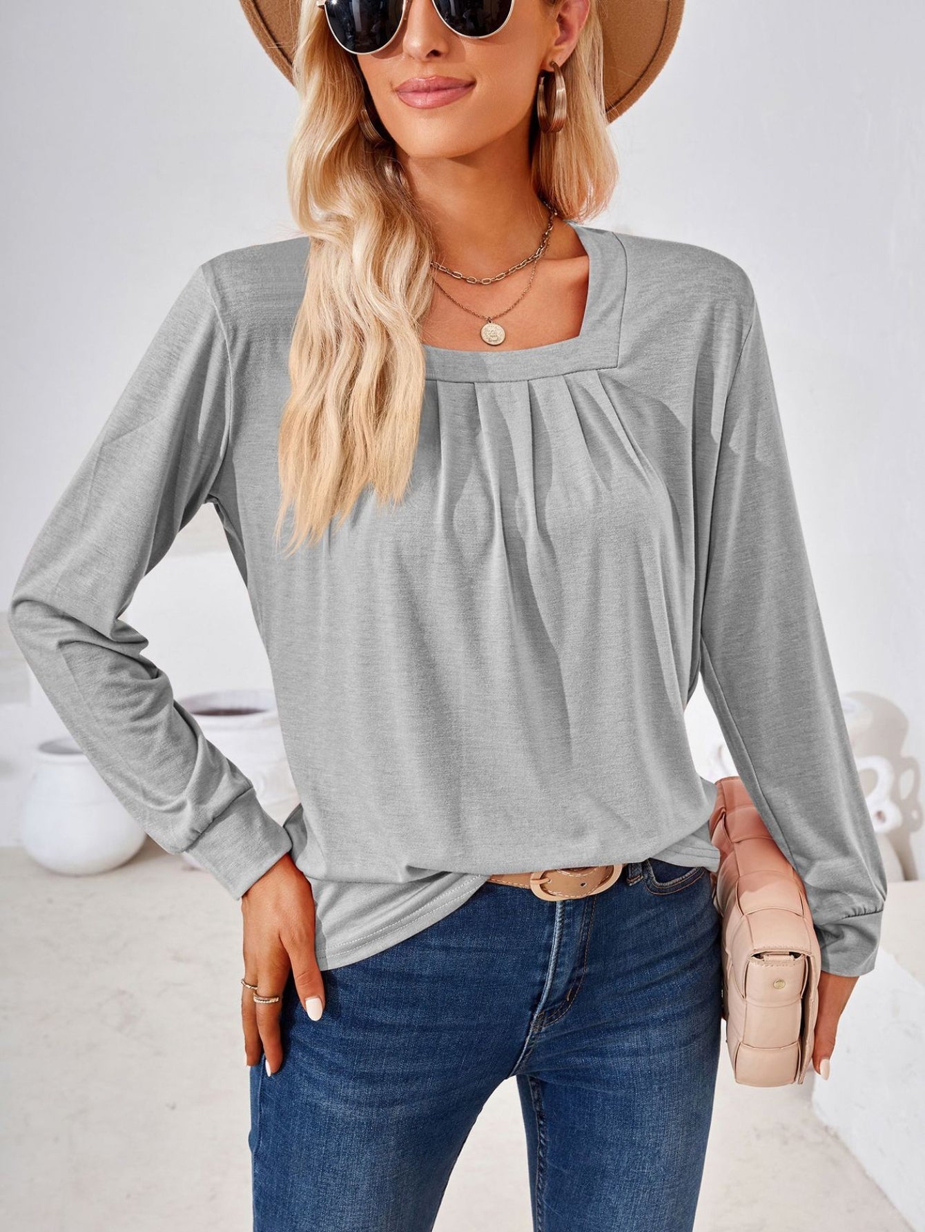 Solid Square Long Sleeve T-Shirt, Casual T-Shirt