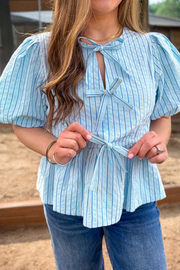 Sky Blue Stripe Bow Knot Textured Short Puff Sleeve Babydoll Blouse