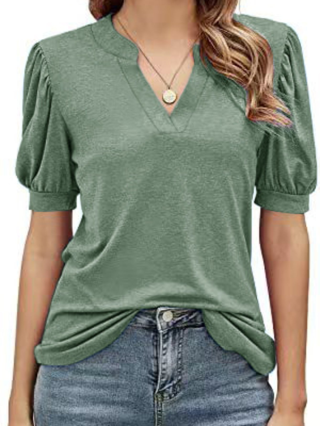 Solid Puff Sleeve T-Shirt, V Neck Short Sleeve T-Shirt, Casual Every Day Tops