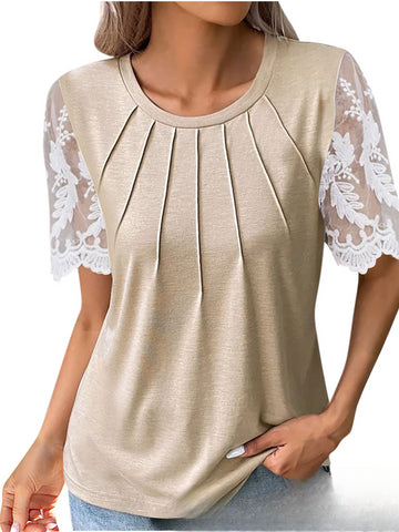 Long Length Elegant Contrast Lace Square Neck Short Sleeve T-Shirt