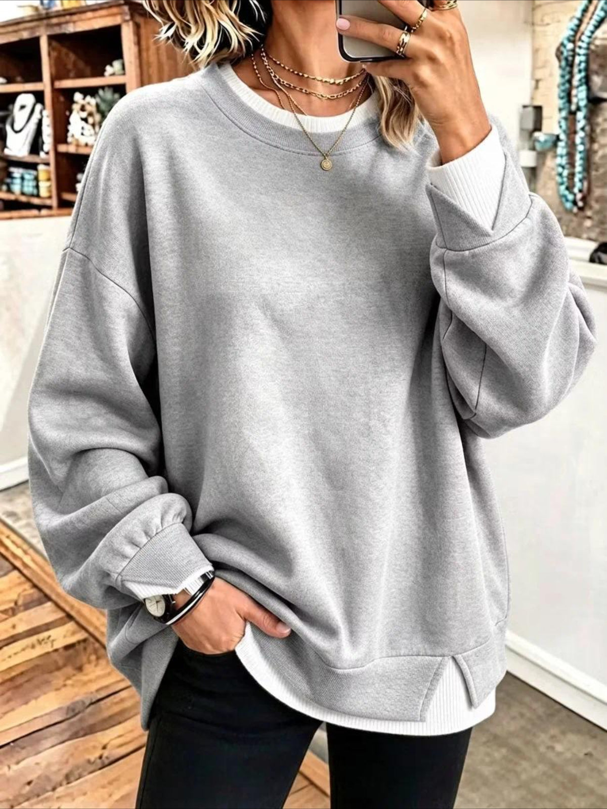 Plain Crew Neck Split Joint Casual Spring/Fall Long Sleeve Sweatshirt