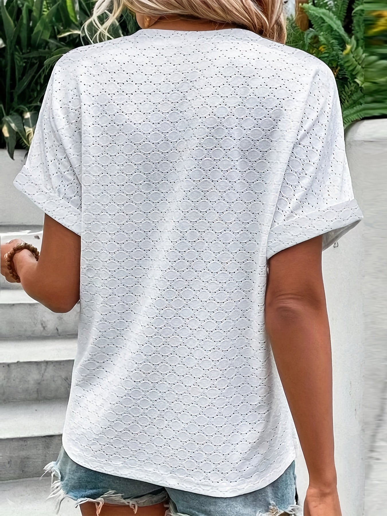 Solid Button Front V Neck T-Shirt, Casual Short Sleeve Top