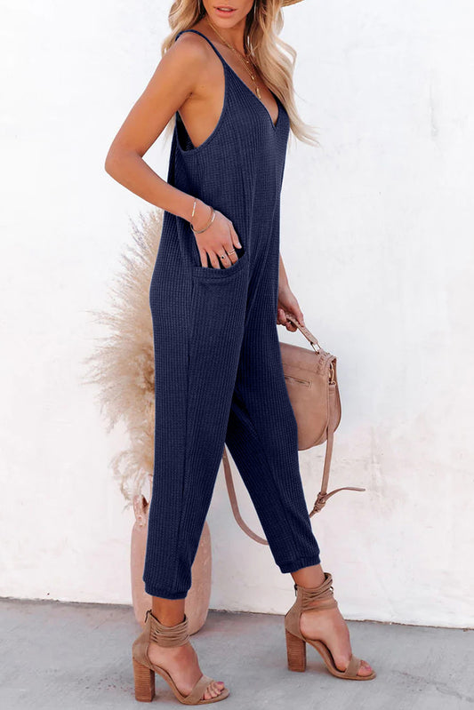 Blue Textured Sleeveless V-Neck Pocketed Casual Jumpsuit