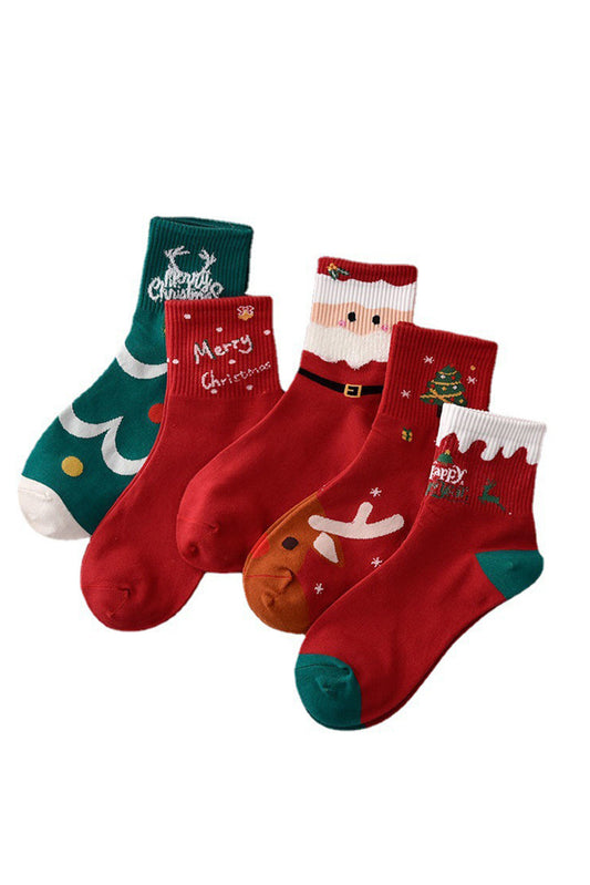 Fiery Red 5 Pairs Festive Merry Christmas Cartoon Print Socks