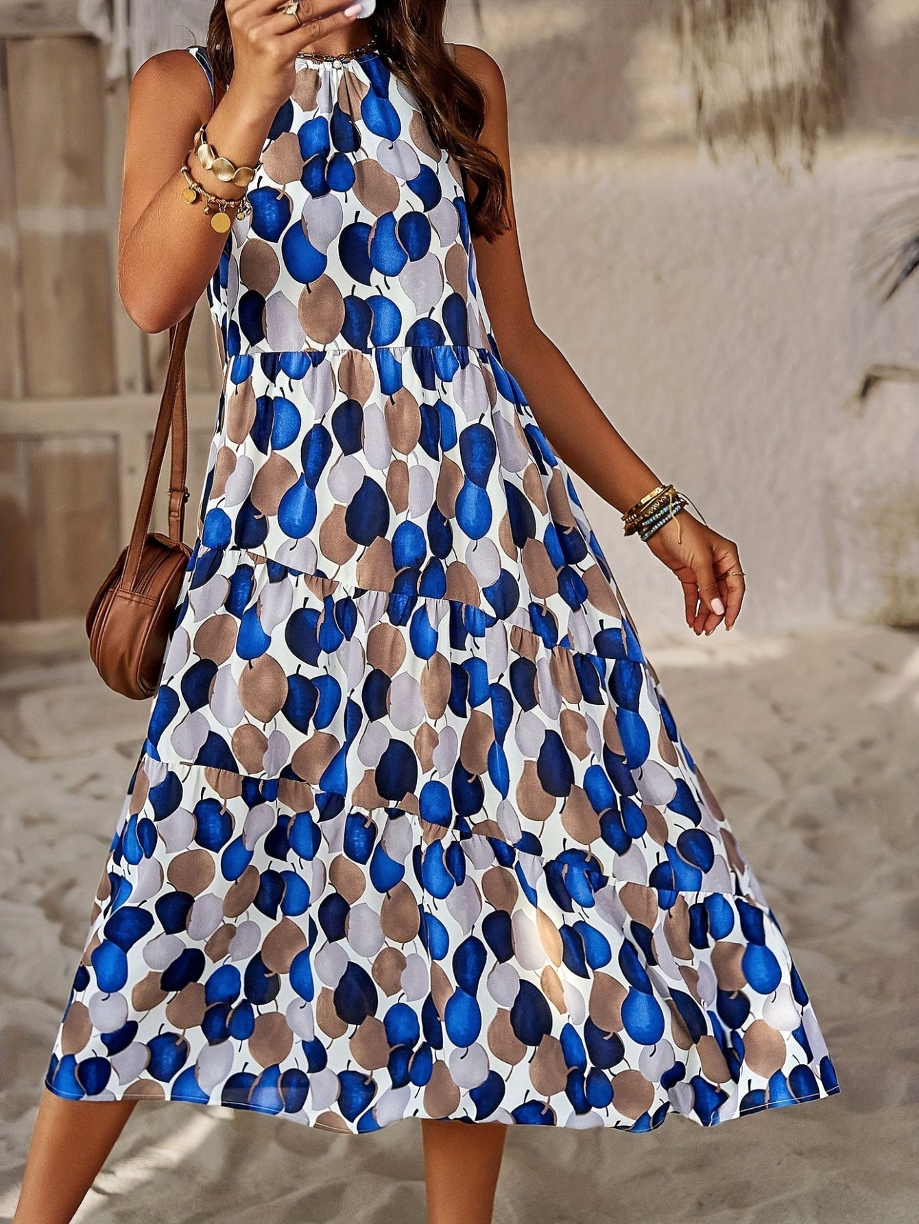 Allover Print Crew Neck Tank Dress, Casual Sleeveless Flowy Dress