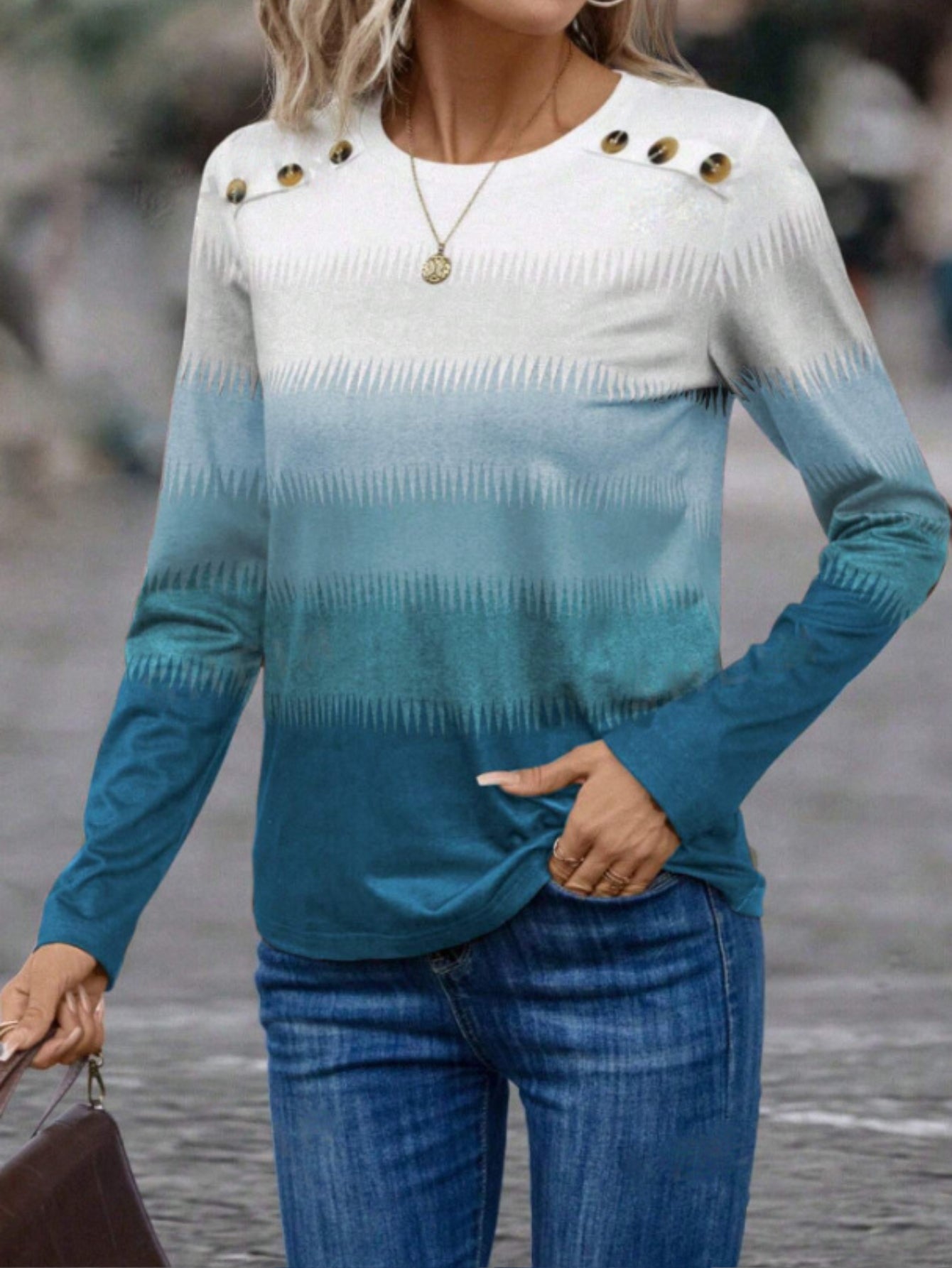 Vibrant Gradient Color Long Sleeve Crew Neck T-shirt - Casual Button Front Top