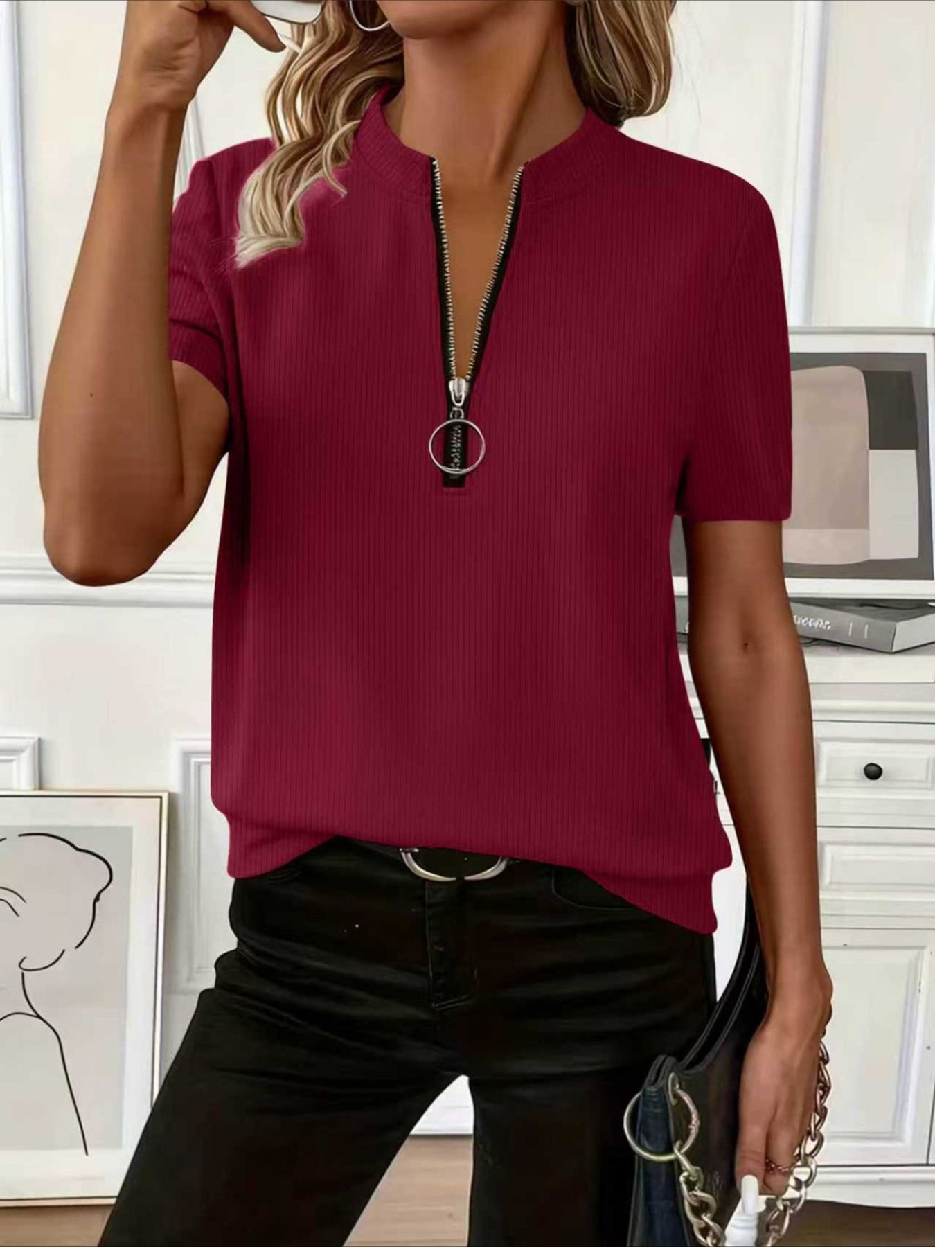 Waffle Texture Zipper Short Sleeve Round Neck T-Shirt