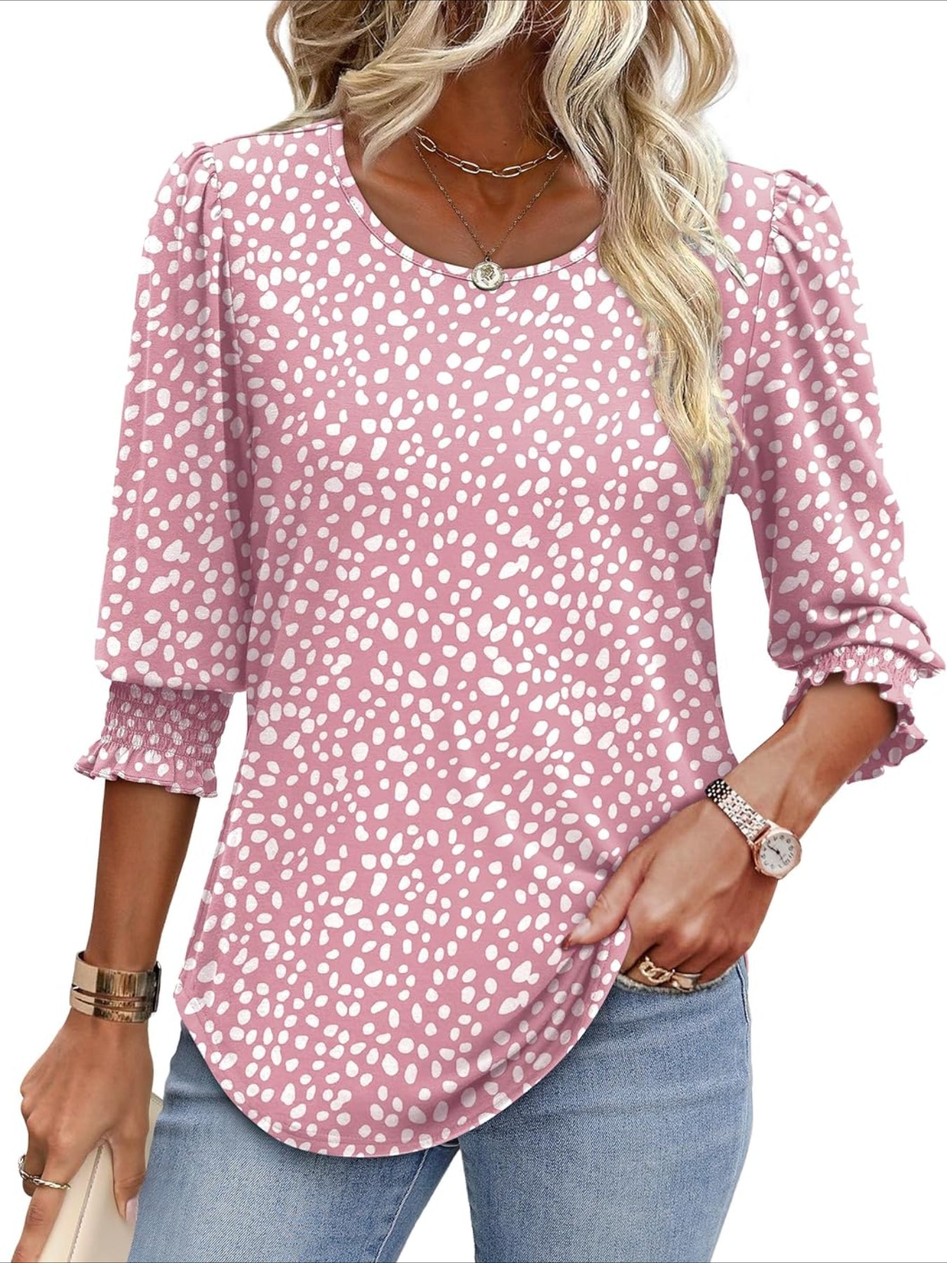 Casual 3/4 Length Sleeve Blouses with Smocked Cuffs