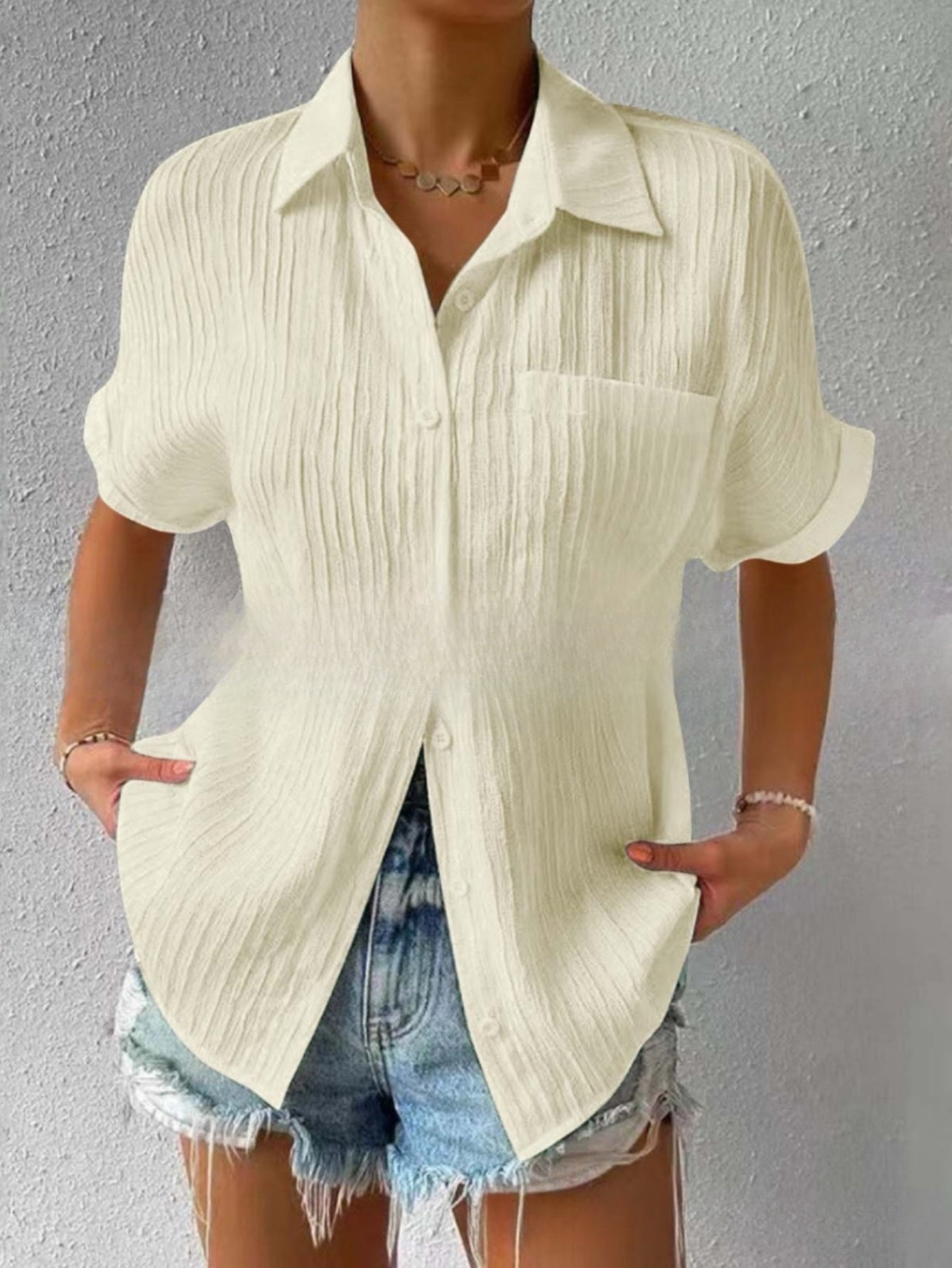 Women's Solid Button Front Casual Lapel Short Sleeve Everyday Shirt