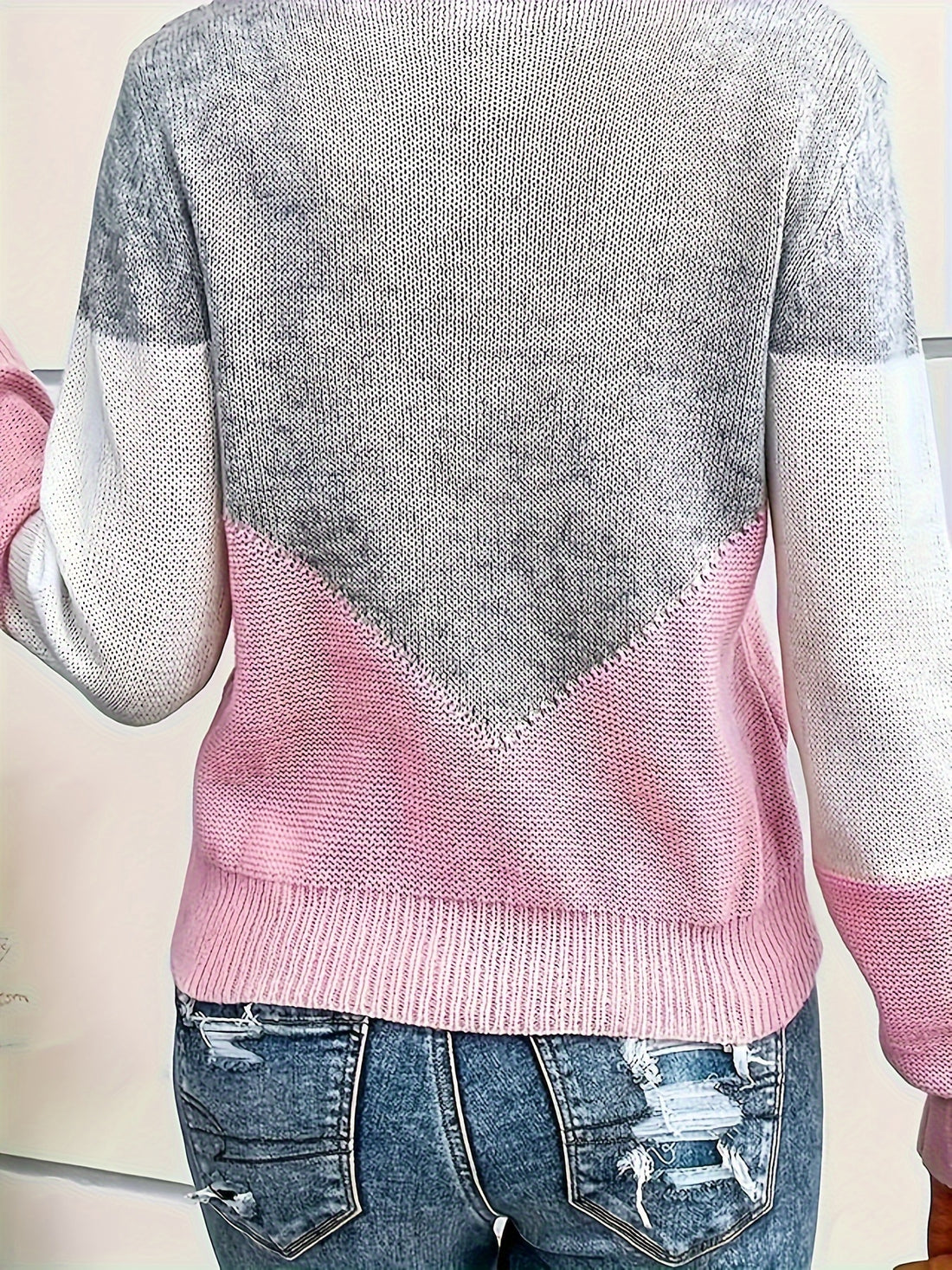 Color Block V Neck Sweater, Casual Long Sleeve Sweater