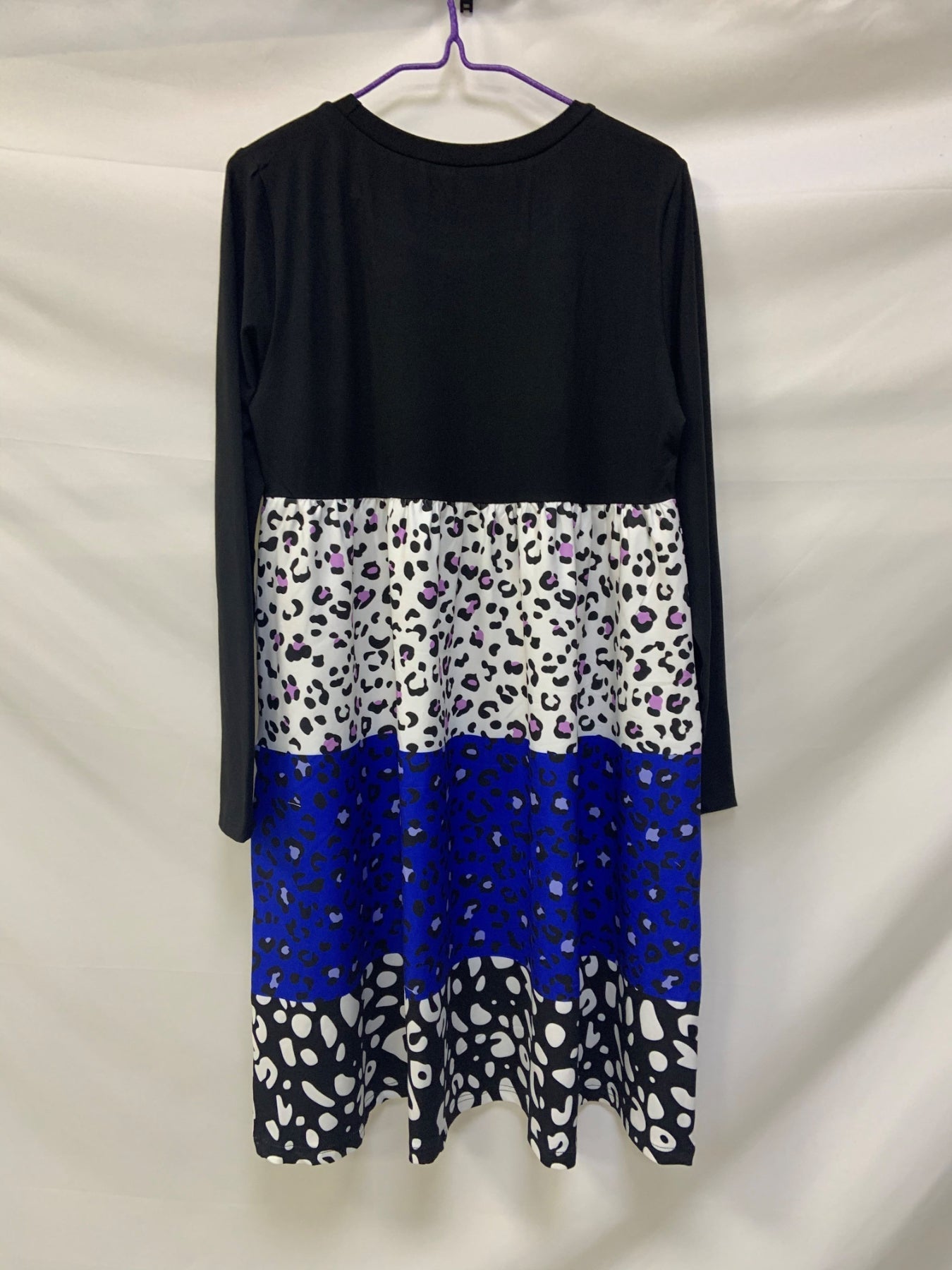 Leopard Print Color Block Dress, Casual Crew Neck Long Sleeve Dress