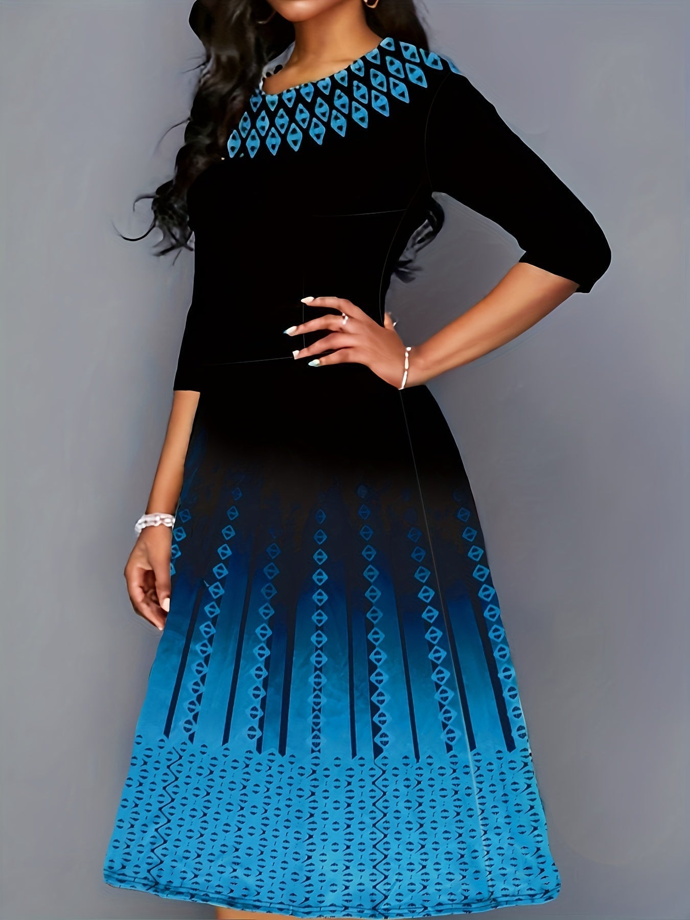 Argyle Print Color Block Dress, Casual Crew Neck Half Sleeve Midi Dress